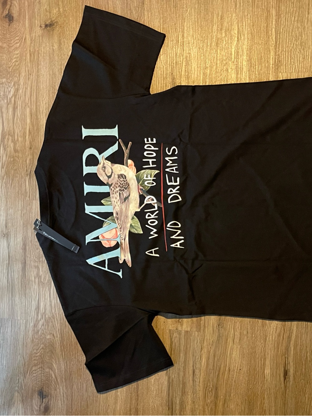 AMIRI Black Graphic Tee with Pastel Bird and Slogan